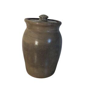 Vintage Stoneware pottery Salt Glazed Crock Holder Jar Container with lid 8"